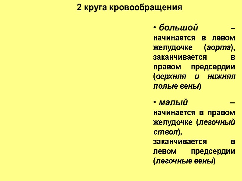 большой – начинается в левом желудочке (аорта), заканчивается в правом предсердии (верхняя и нижняя